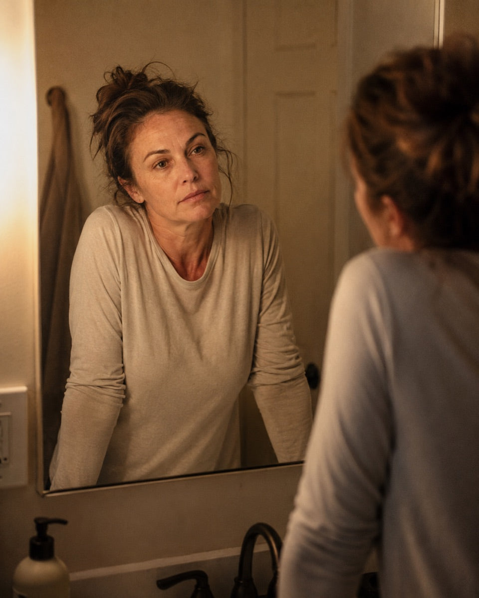 A woman in her mid-40s at a bathroom sink early in the morning, looking at her tired reflection in the mirror