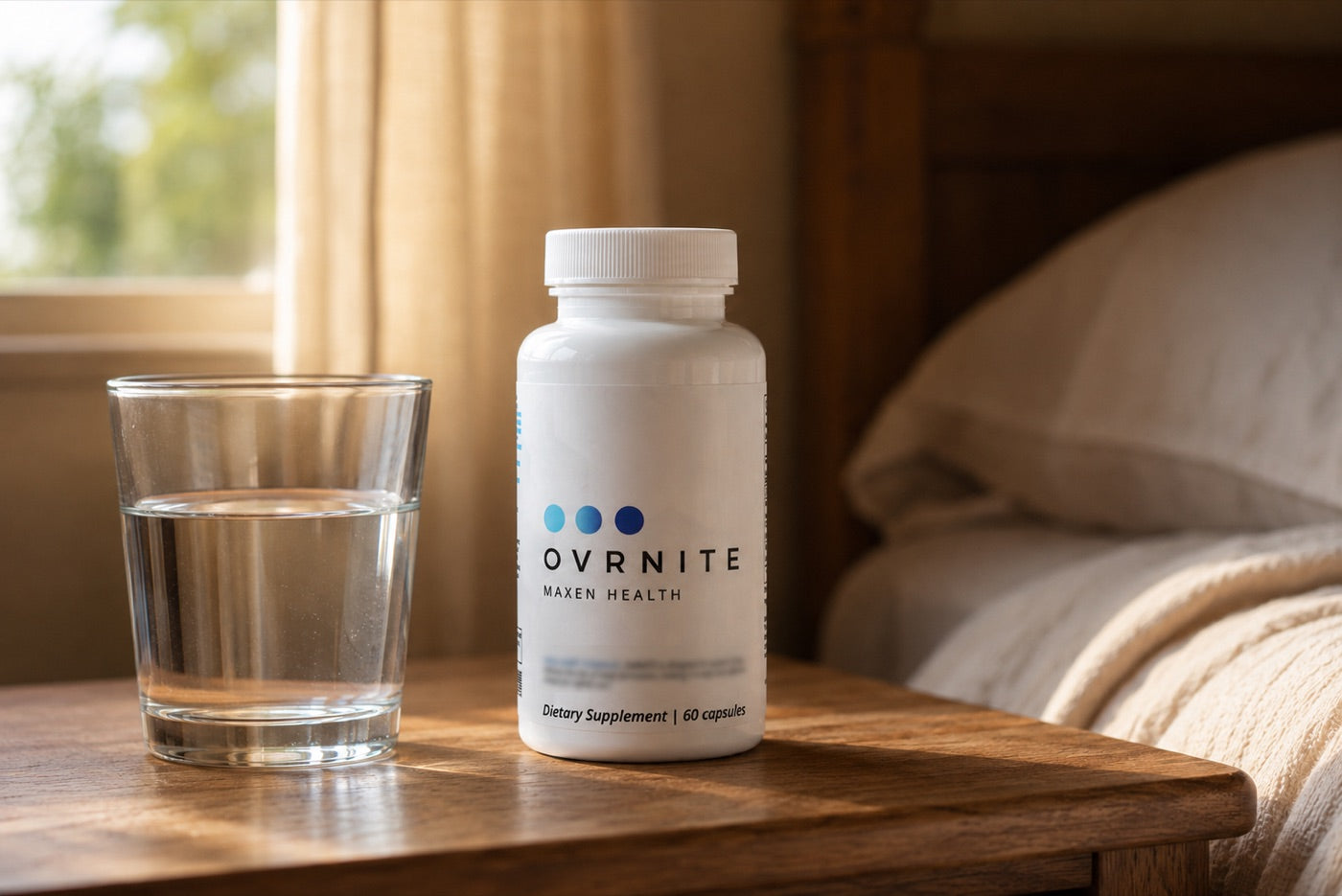 An OVRNITE bottle and a glass of water on a wooden nightstand in soft morning light
