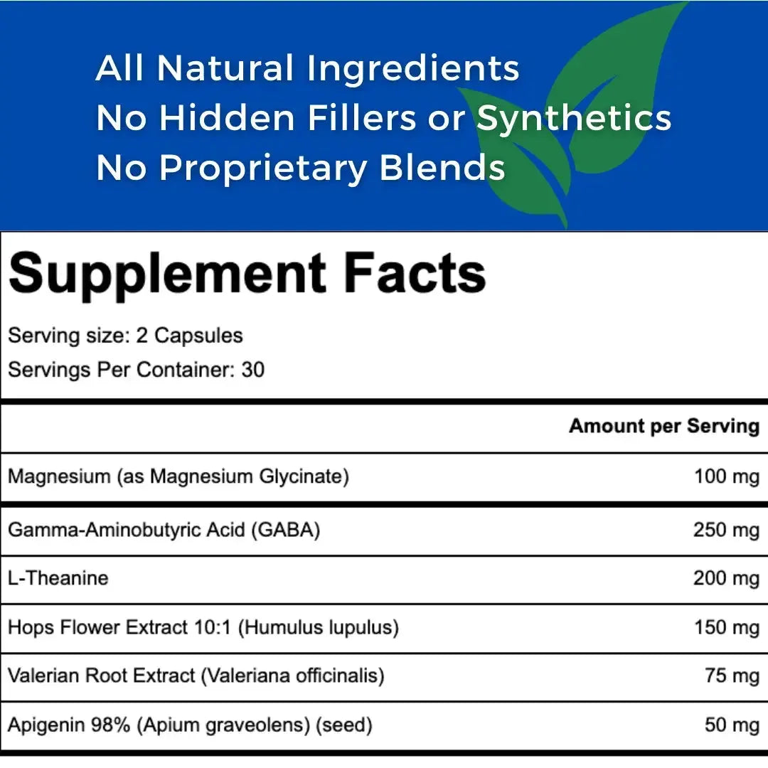 OVRNITE Supplement Facts: Magnesium Glycinate 100mg, GABA 250mg, L-Theanine 200mg, Hops Flower Extract 150mg, Valerian Root 75mg, Apigenin 50mg. Every dose disclosed, no hidden fillers, no proprietary blends.
